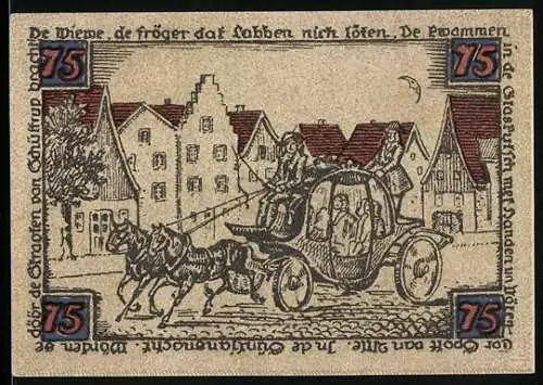 Notgeld Schüttorf 1921, 75 Pfennig, Pferdekutsche und Stadtansicht mit Kirche