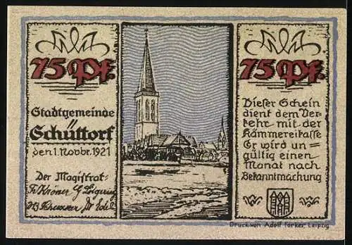 Notgeld Schüttorf 1921, 75 Pfennig, Pferdekutsche und Stadtansicht mit Kirche