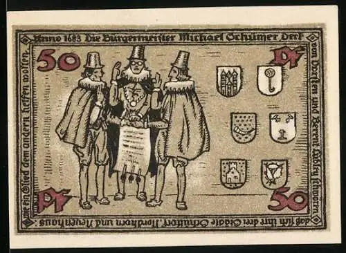 Notgeld Schüttorf 1921, 50 Pfennig, Bürgermeister und Wappen, Gebäudeansicht