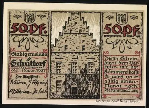 Notgeld Schüttorf 1921, 50 Pfennig, Bürgermeister und Wappen, Gebäudeansicht