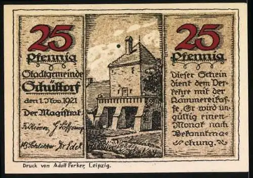 Notgeld Schüttorf 1921, 25 Pfennig, marschierende Männer und Gebäudeillustration