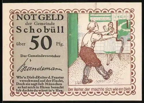 Notgeld Schobüll, 50 Pfennig, Reiter und Dieb, Herz und Getreidebündel