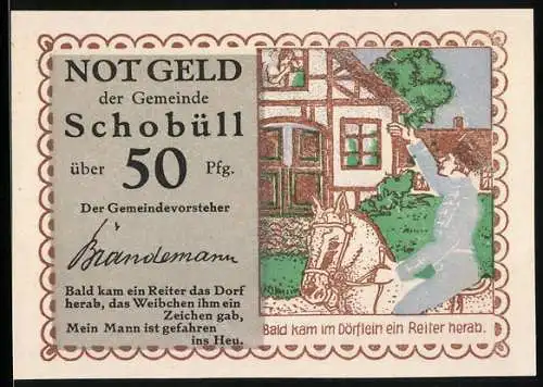 Notgeld Schobüll, 50 Pfennig, Reiter und Dorfhaus, Herz und Garbe