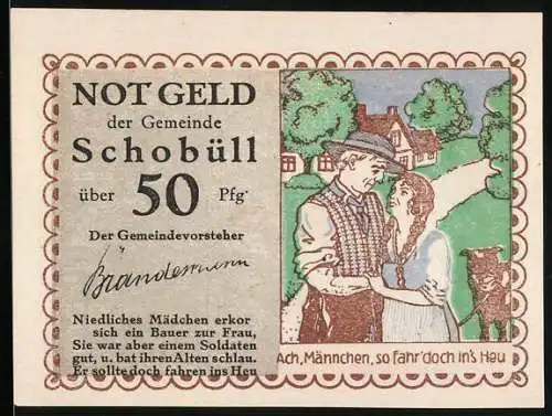 Notgeld Schobüll, 50 Pfennig, Bauernpaar mit Kuh und Dorf im Hintergrund