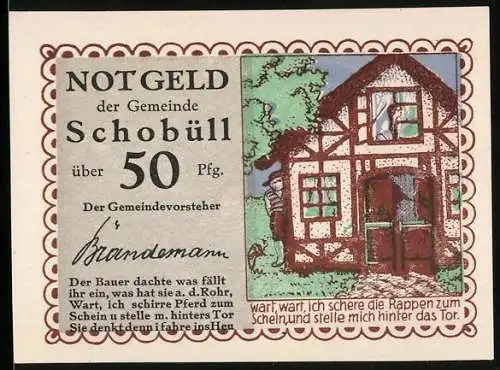 Notgeld Schobüll, 50 Pfennig, Fachwerkhaus und Gedicht, Herz und Getreidebündel