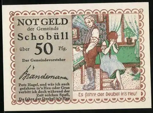 Notgeld Schobüll, 50 Pfennig, Mann und Frau in einem Raum, Text Es fahre der Deubel ins Heu!