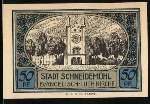 Notgeld Schneidemühl, 50 Pfennig, Evangelisch-Luth. Kirche, Seriennummer 43584, Stadtwappen mit Hirsch