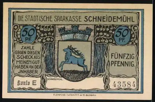 Notgeld Schneidemühl, 50 Pfennig, Evangelisch-Luth. Kirche, Seriennummer 43584, Stadtwappen mit Hirsch