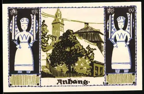 Notgeld Schneeberg 1921, 50 Pfennig, Stadtansicht und zwei Frauenfiguren, Seriennummer 448204, Wappen