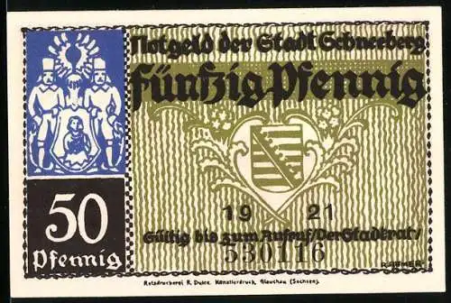 Notgeld Schneeberg 1921, 50 Pfennig, Stadtwappen, drei Männer, Markt mit Gebäuden, zwei Figuren