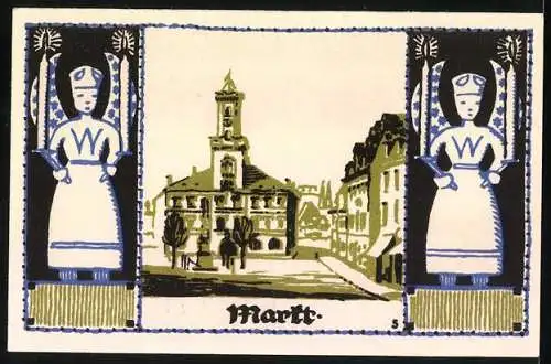 Notgeld Schneeberg 1921, 50 Pfennig, Stadtwappen, drei Männer, Markt mit Gebäuden, zwei Figuren