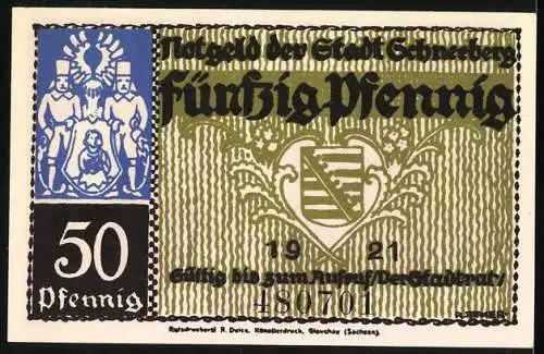 Notgeld Schneeberg 1921, 50 Pfennig, Rosental-Motiv, Seriennummer 480701, Wappen und Stadtansicht