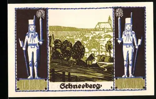 Notgeld Schneeberg 1921, 50 Pfennig, Stadtansicht mit zwei Bergmännern, Seriennummer 137654, Wappen und drei Bergmänner