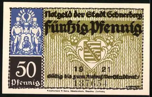 Notgeld Schneeberg 1921, 50 Pfennig, Stadtansicht mit zwei Bergmännern, Seriennummer 137654, Wappen und drei Bergmänner