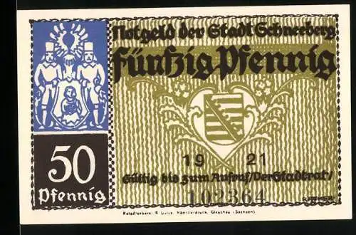 Notgeld Schneeberg 1921, 50 Pfennig, Wappen und Figuren, Seriennummer 109364, Langgasse