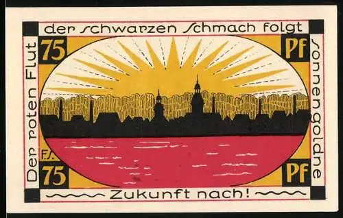 Notgeld Schmölln 1921, 75 Pfennig, Stadtansicht mit Sonnenaufgang und Madonna mit Kind