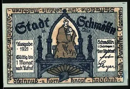 Notgeld Schmölln 1921, 50 Pfennig, Bürgermeister an Schreibtisch und sitzende Figuren in gotischem Bogen