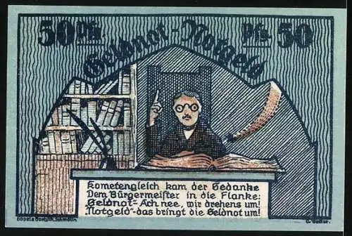 Notgeld Schmölln 1921, 50 Pfennig, Bürgermeister an Schreibtisch und sitzende Figuren in gotischem Bogen