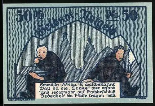 Notgeld Schmölln 1921, 50 Pfennig, zwei Männer, eine mit Pfeife und eine mit Schreibfeder, Statue in gotischer Architekt