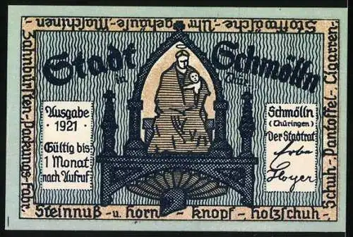 Notgeld Schmölln 1921, 50 Pfennig, zwei Männer, eine mit Pfeife und eine mit Schreibfeder, Statue in gotischer Architekt