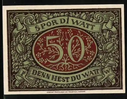 Notgeld Schneverdingen 1921, 50 Pfennig, Handwerker mit Werkzeug und florales Muster