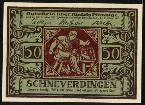 Notgeld Schneverdingen 1921, 50 Pfennig, Handwerker mit Werkzeug und florales Muster