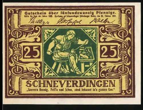 Notgeld Schneverdingen 1921, 25 Pfennig, Handwerker bei der Arbeit, dekorative Ornamente