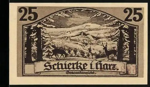 Notgeld Schierke 1921, 25 Pfennig, Gesamtansicht mit Hirschen, Goethe-Silhouette, Seriennummer 6831, Landschaftsmotiv