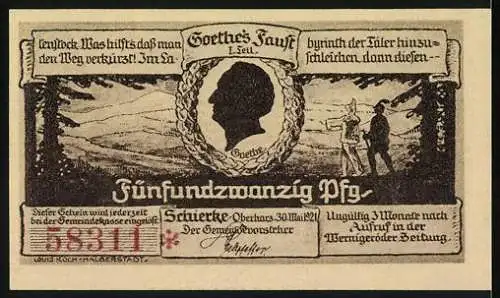 Notgeld Schierke 1921, 25 Pfennig, Gesamtansicht mit Hirschen, Goethe-Silhouette, Seriennummer 6831, Landschaftsmotiv