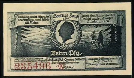 Notgeld Schierke 1921, 10 Pfennig, Goethes Faust und Harzlandschaft