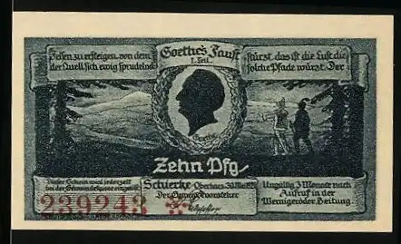 Notgeld Schierke 1921, 10 Pfennig, Goethe-Silhouette und Harzlandschaft, Seriennummer 230243