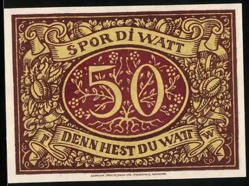 Notgeld Schneverdingen 1921, 50 Pfennig, Handwerker bei der Arbeit, florale Muster und Inschrift Spor di watt