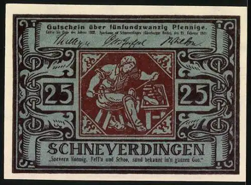 Notgeld Schneverdingen 1921, 25 Pfennig, Handwerker-Motiv, florale Ornamente