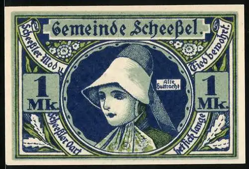 Notgeld Scheessel 1921, 1 Mark, Frauenportrait und Dorfansicht mit Kirche