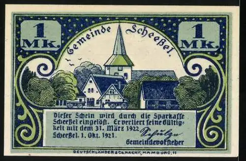 Notgeld Scheessel 1921, 1 Mark, Frauenportrait und Dorfansicht mit Kirche