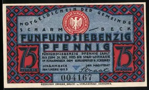 Notgeld Scharmbeck 1921, 75 Pfennig, Scharmbecker Viehmarkt, Seriennummer 004167, Wappen des Magistrats