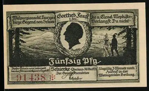 Notgeld Schierke 1921, 50 Pfennig, Goethe-Silhouette und Landschaftsszene, Gebäude in Schierke