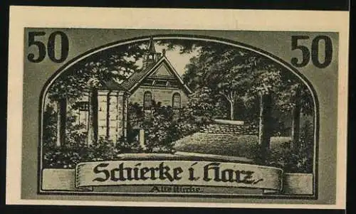 Notgeld Schierke 1921, 50 Pfennig, Goethe-Silhouette und Landschaftsszene, Gebäude in Schierke