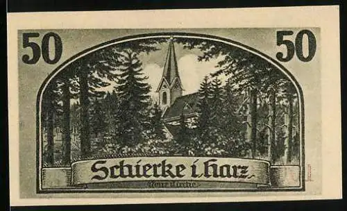 Notgeld Schierke 1921, 50 Pfennig, Kirche im Wald, Goethe-Motiv und Landschaft, Seriennummer 100741