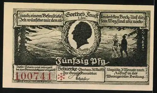 Notgeld Schierke 1921, 50 Pfennig, Kirche im Wald, Goethe-Motiv und Landschaft, Seriennummer 100741