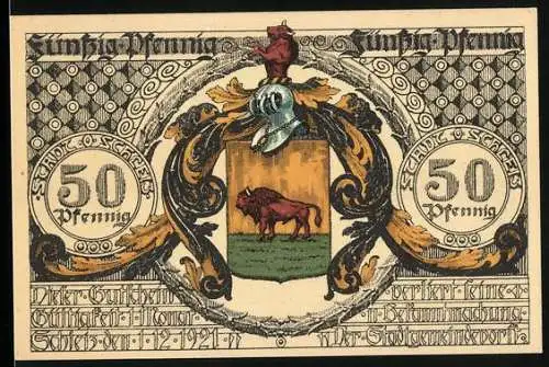 Notgeld Schleiz 1921, 50 Pfennig, Wappen mit Stier und Porträt umgeben von Engeln und Vasen