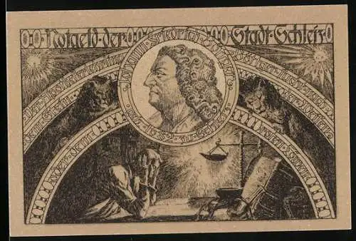 Notgeld Schleiz 1921, 50 Pfennig, Porträt, Waage, Büffel und Wappen