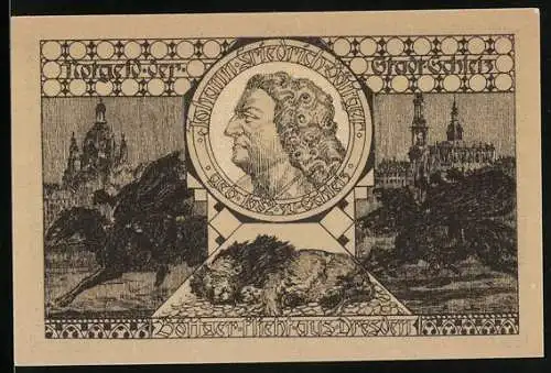 Notgeld Schleiz 1921, 50 Pfennig, Porträt eines Mannes und Löwe im Wappen