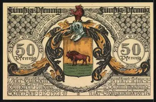 Notgeld Schleiz 1921, 50 Pfennig, Johann Friedrich Böttger, Wappen mit Stier