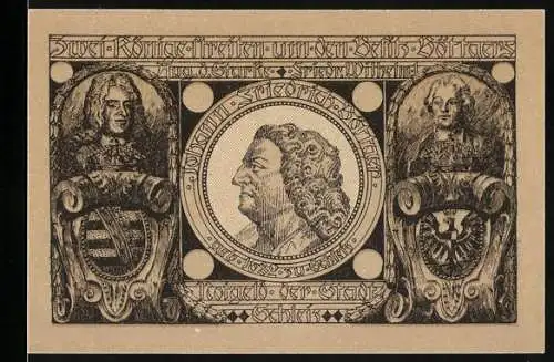 Notgeld Schleiz 1921, 50 Pfennig, Porträts und Wappen mit Stier