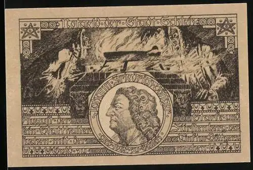 Notgeld Schleiz 1921, 50 Pfennig, Porträt eines Mannes und Büffelwappen