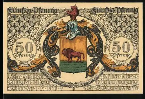 Notgeld Schleiz 1921, 50 Pfennig, Wappen mit Bison, Porträt und Burgruine
