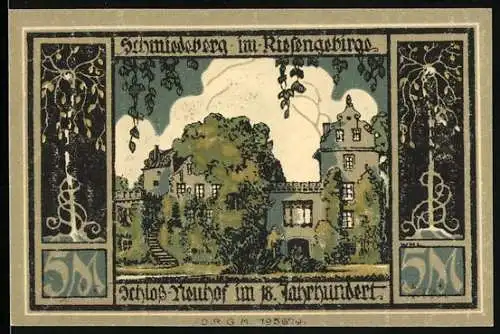 Notgeld Schmiedeberg, 5 Mark, Schlossruine im Riesengebirge und Denkmal mit Ritterstatue, Seriennummer 01011, Wappen