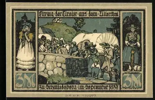 Notgeld Schmiedeberg, 3 Mark, Tiroler Einzug im Allertal und Denkmal des Infanterie-Regiments Nr. 7