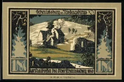 Notgeld Schmiedeberg, 1 Mark, Landschaft mit Häusern und Denkmal, Seriennummer 01082, Wappen